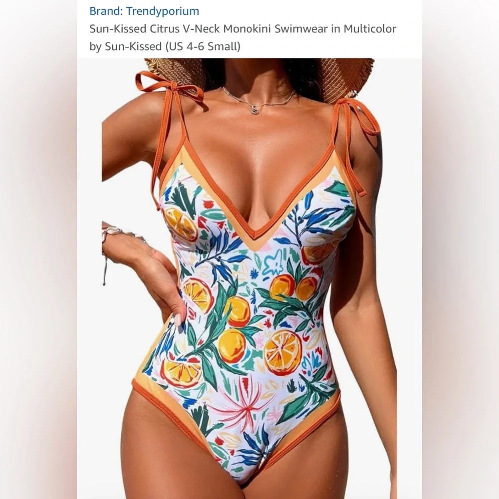 Amazon Sun-Kissed Citrus V-Neck One Piece Swimsuit-‎ L